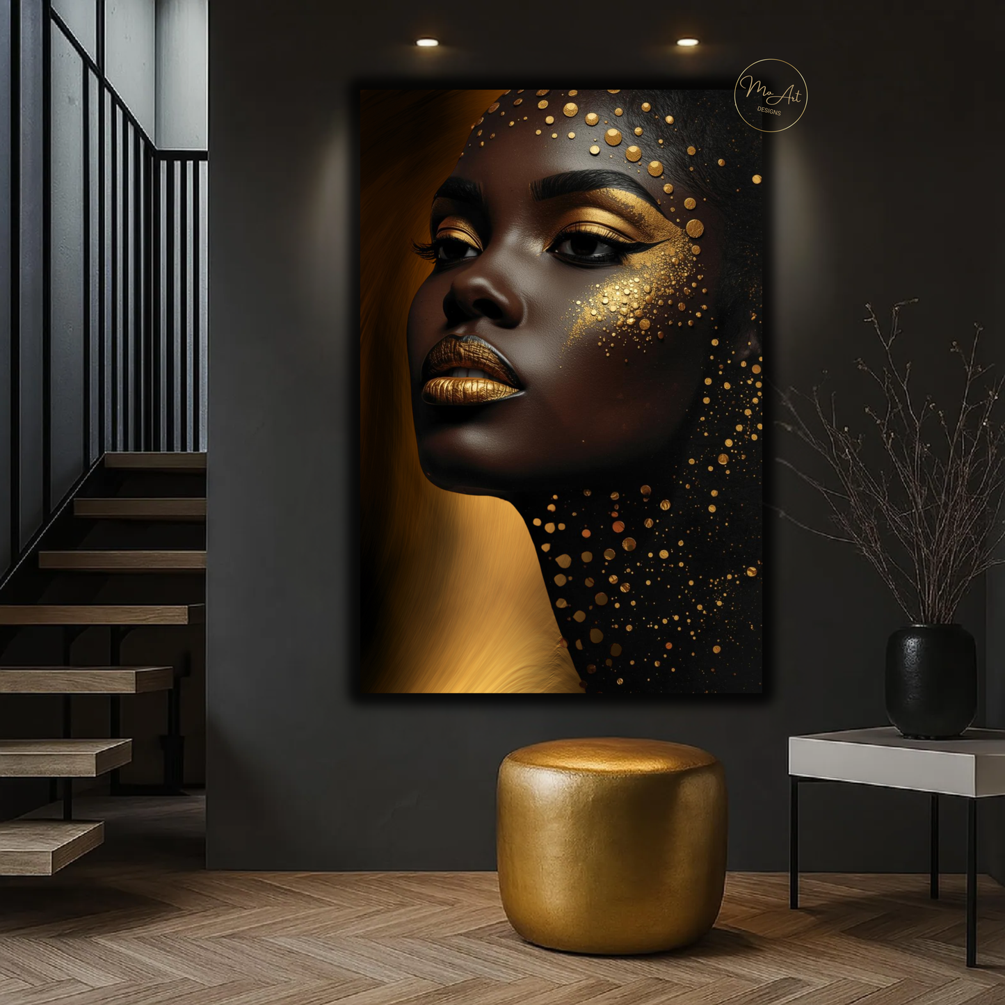 Golden Glow Black Woman Wall Art – Afrocentric Luxury Canvas Print