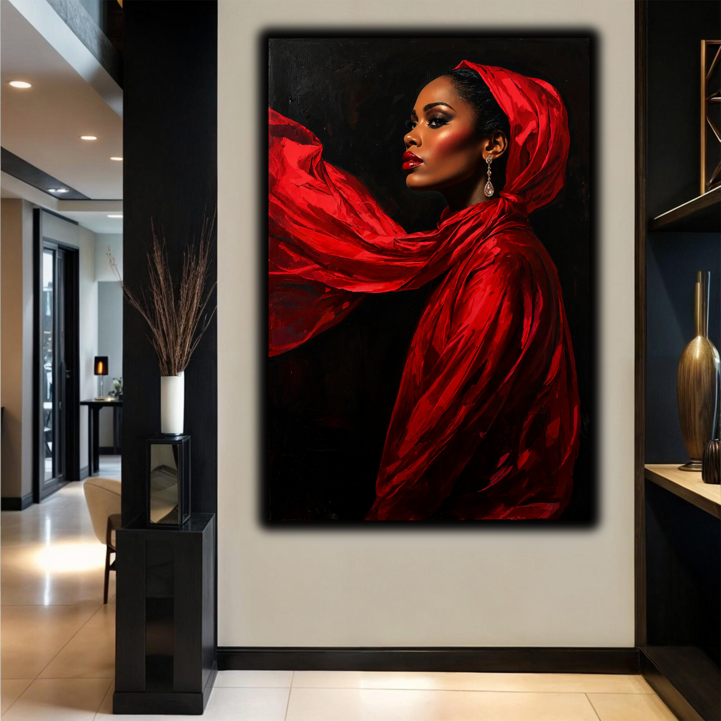 Black Woman Wall Art – Lady in Red Canvas Print | Elegant Afrocentric Home Decor