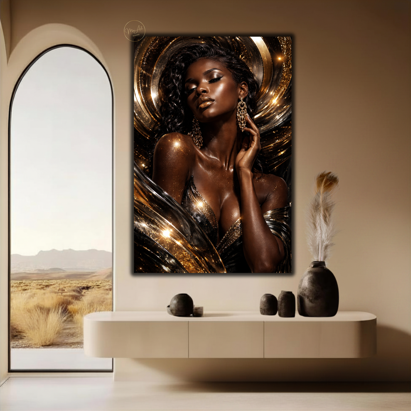 Black Woman Wall Art – Seductive Afrocentric Gold & Black Abstract Canvas Print | Elegant Luxury Home Decor