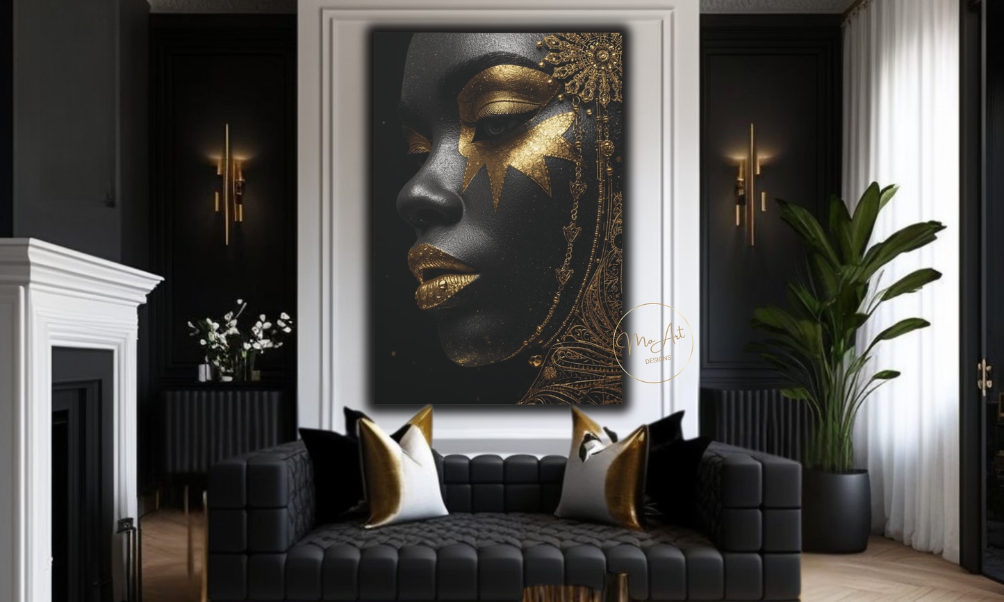 Black Woman Wall Art – Celestial Queen in Black & Gold / Canvas Print