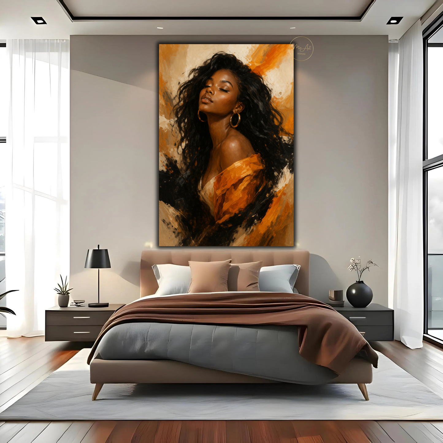 Black Woman Wall Art – Elegant Afrocentric Orange & Beige Abstract Canvas Print