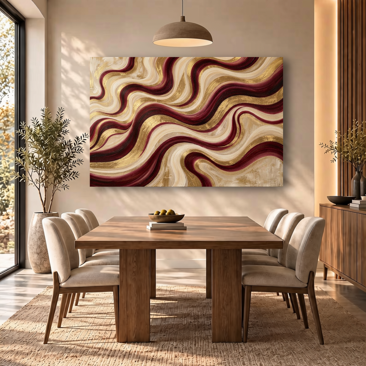 Flowing Waves – Burgundy & Gold Abstract Wall Art | Luxury Canvas Print