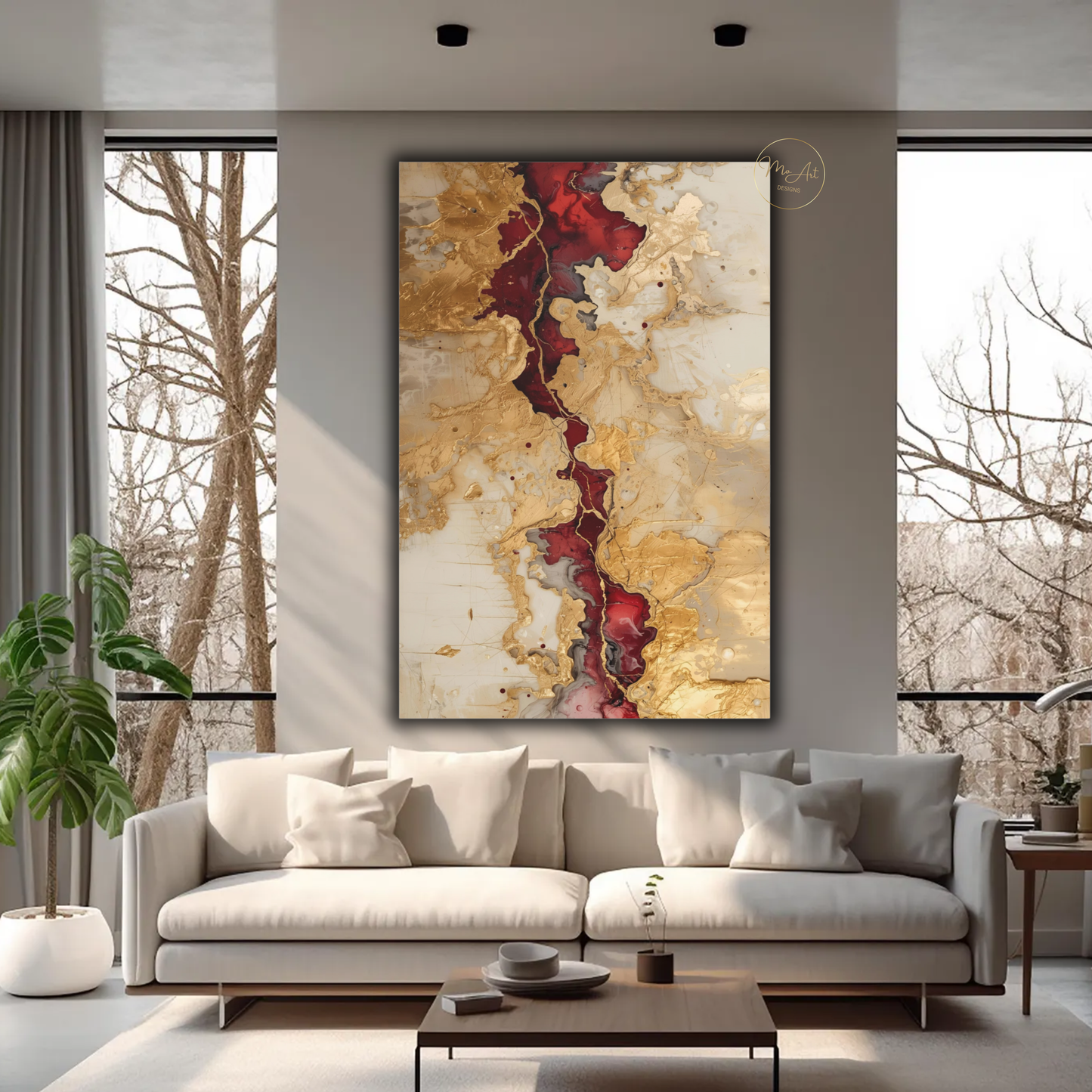 Crimson Rift – Abstract Gold Burgundy & Cream Wall Art - Vertical Canvas Print