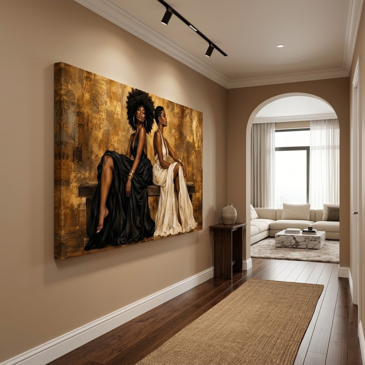 Black Women Wall Art – Essence of Sisterhood | Afrocentric Black & Gold Canvas Print