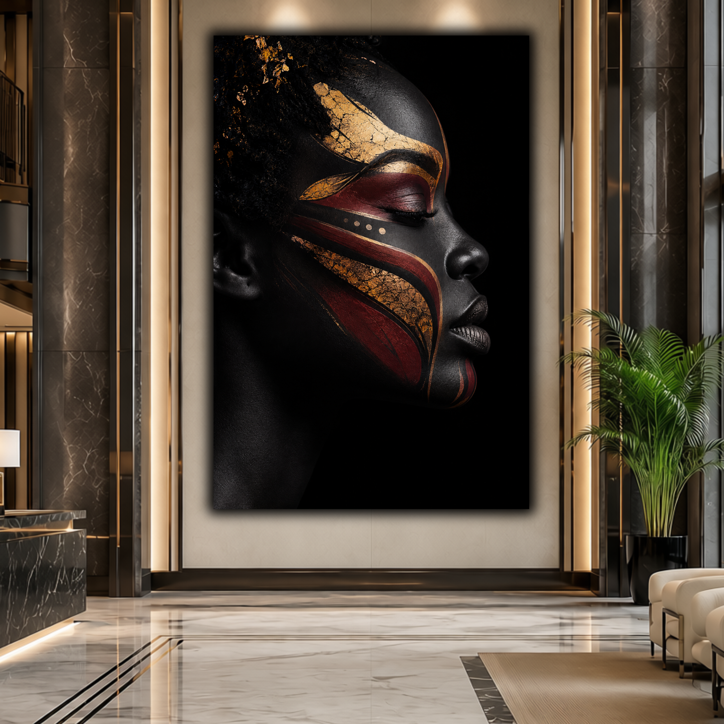 Black Woman Wall Art – Abstract Black, Gold & Burgundy Canvas Print | Luxury Afrocentric Wall Decor