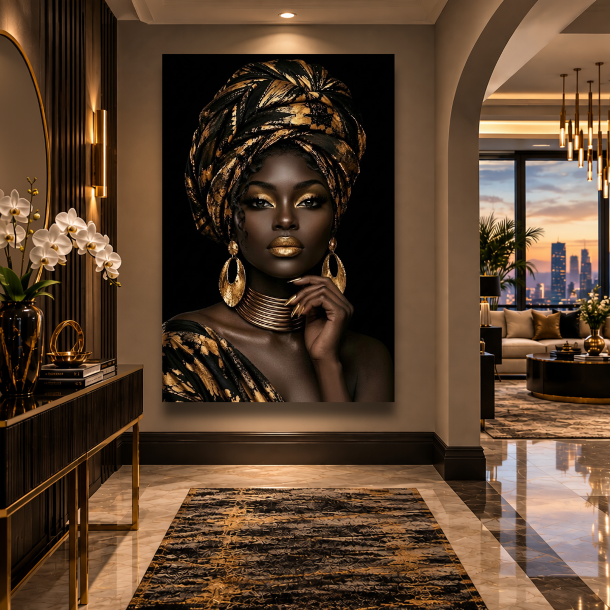 Black Woman Wall Art – Regal Essence | Black & Gold Afrocentric Canvas Print