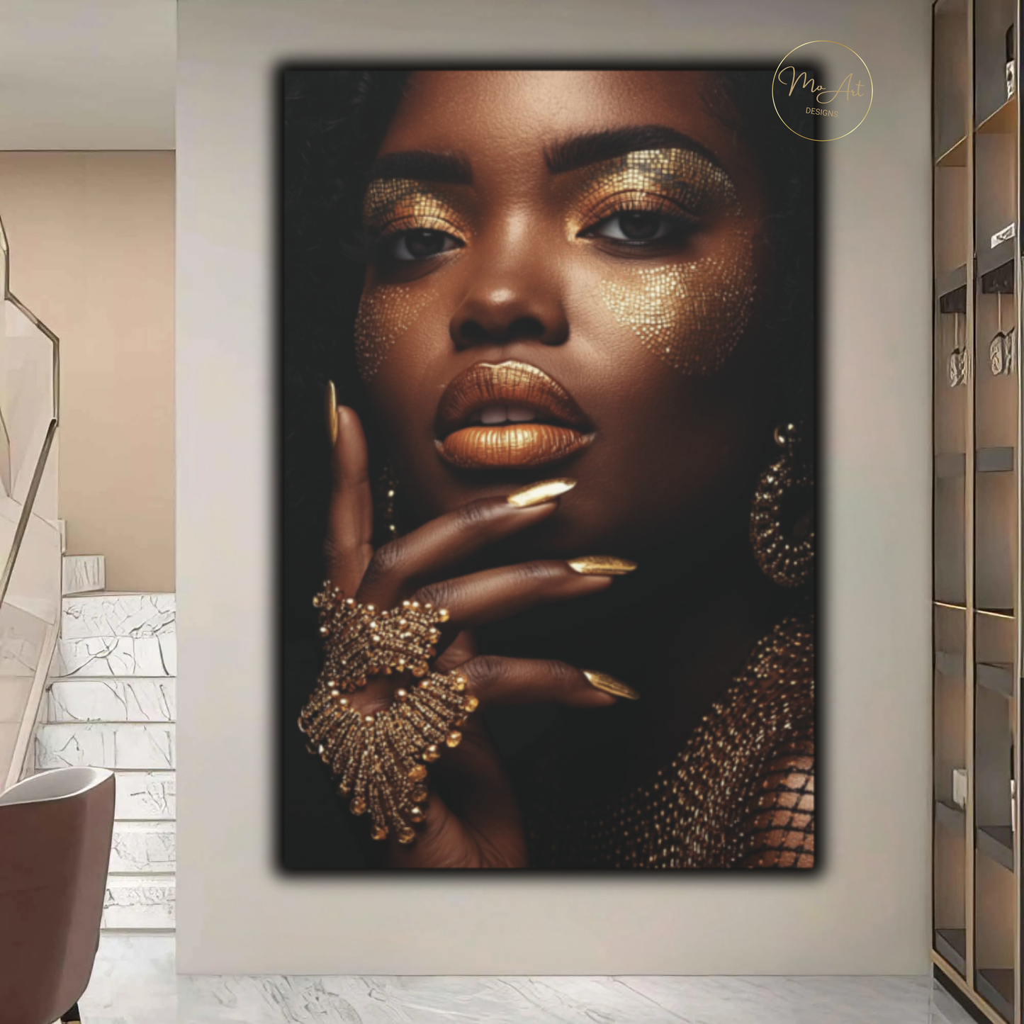 Black Woman Wall Art – Divine Glamour in Gold | Luxury Black & Gold Canvas Print