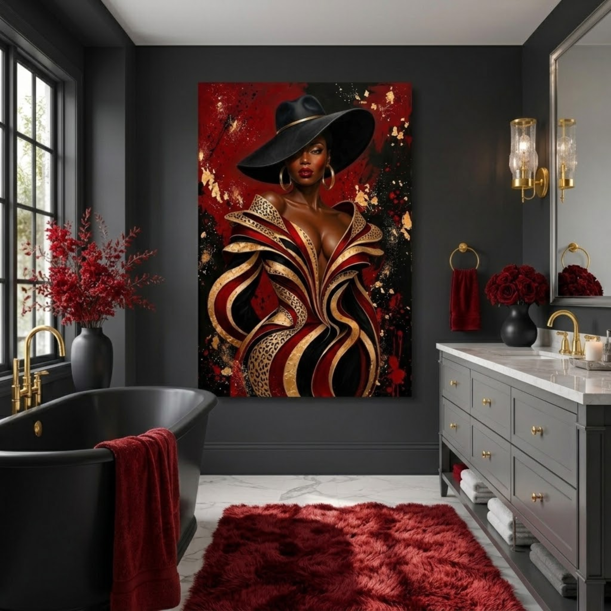 Black Woman Wall Art - Seductive Glamour | Red, Black & Gold Leopard Print Afrocentric Canvas Print