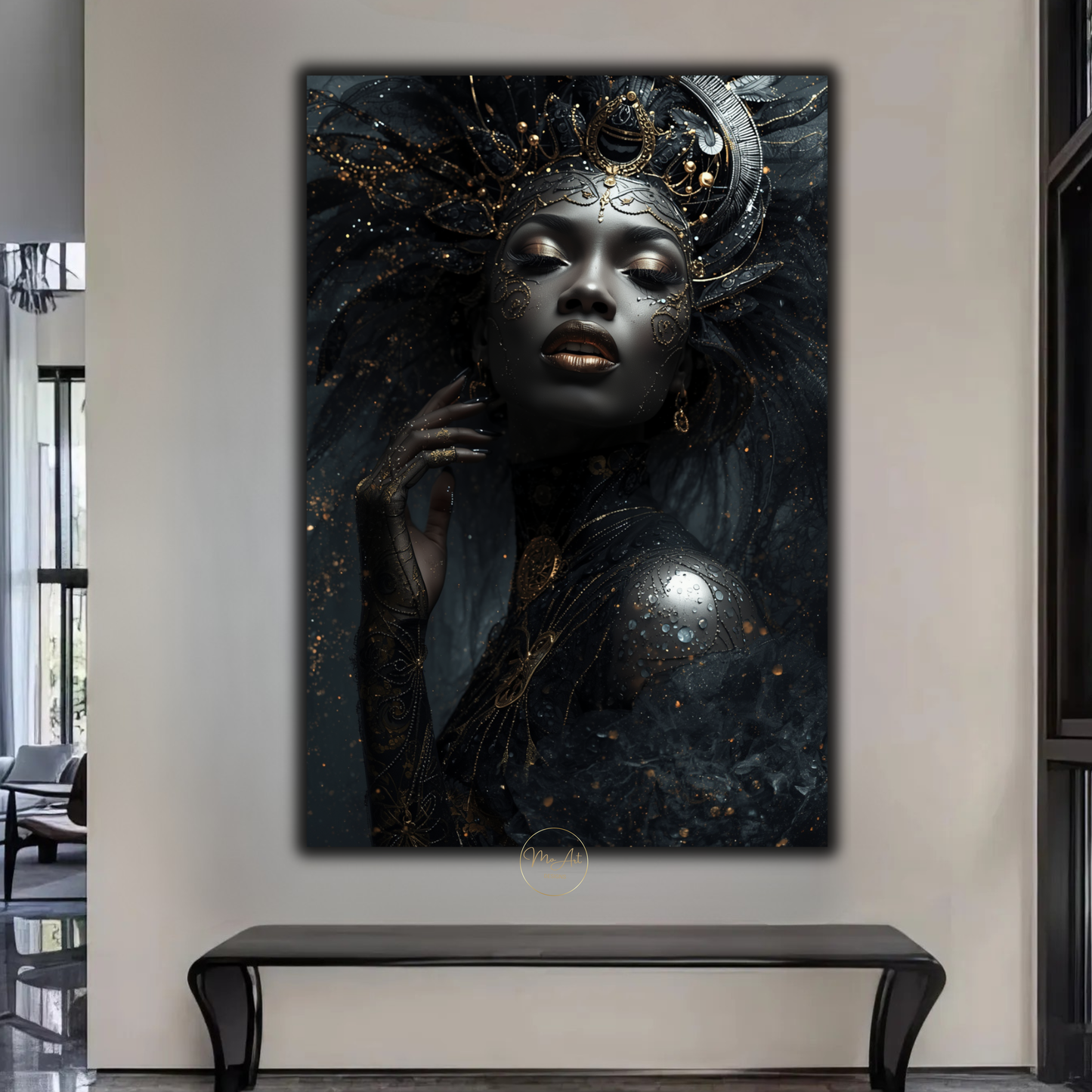 Black Woman Wall Art – Regal Afrocentric Queen | Luxury Black & Gold Canvas Print