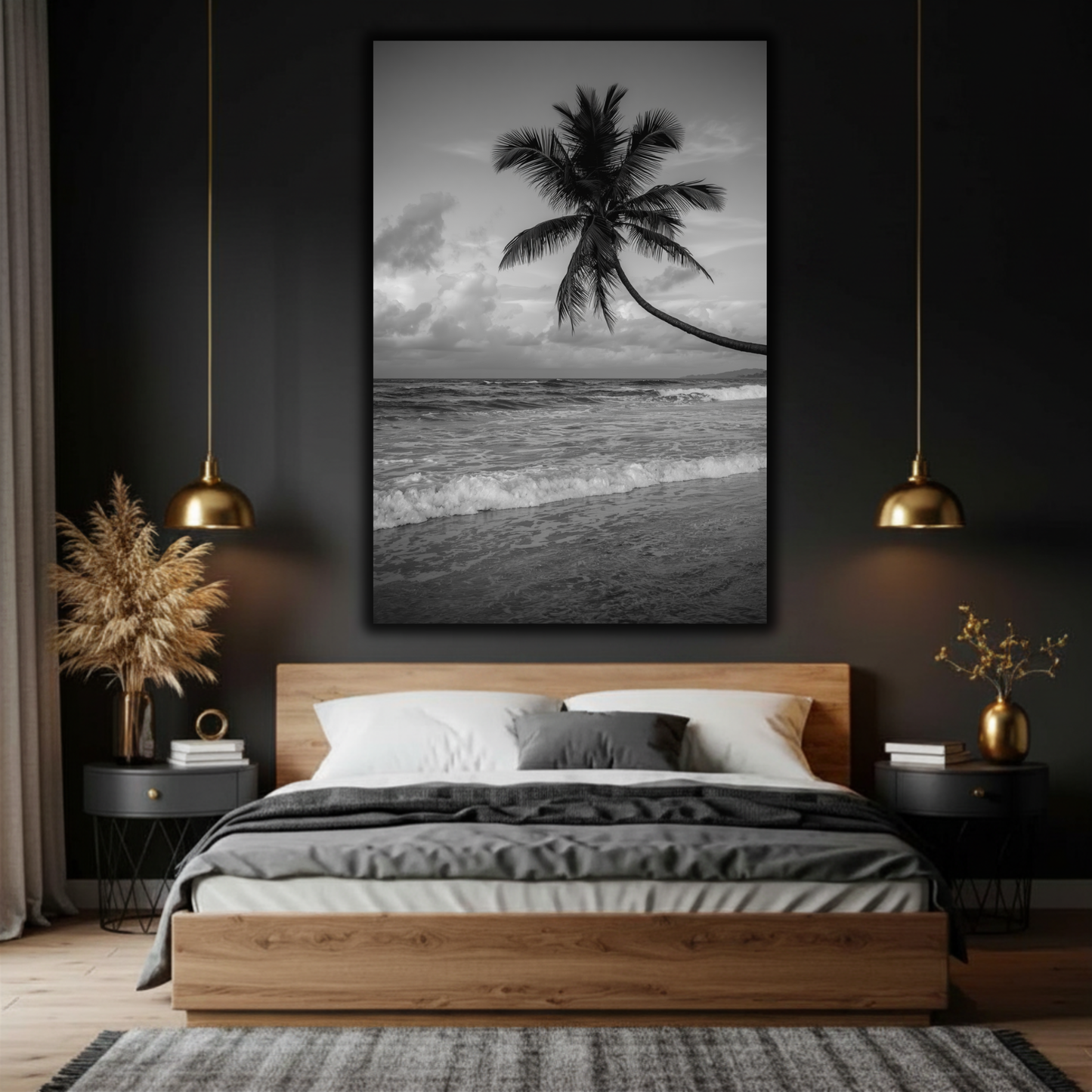 Black & White Tropical Palm Tree Wall Art – Ocean Beach Canvas Print, Coastal Home Decor, Minimalist Photography