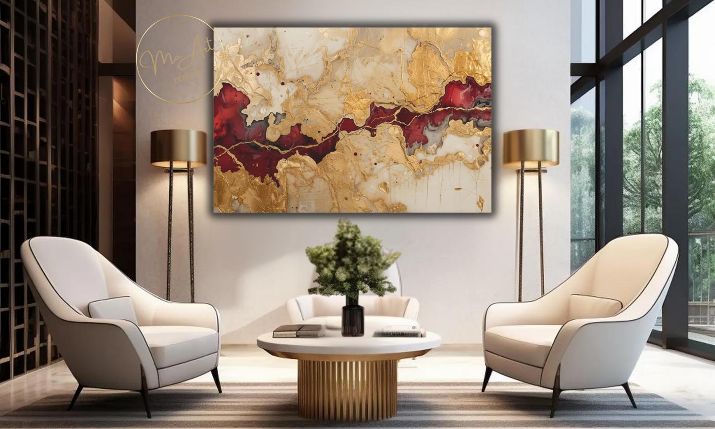"Crimson Rift" – Abstract Gold, Burgundy & Cream Wall Art