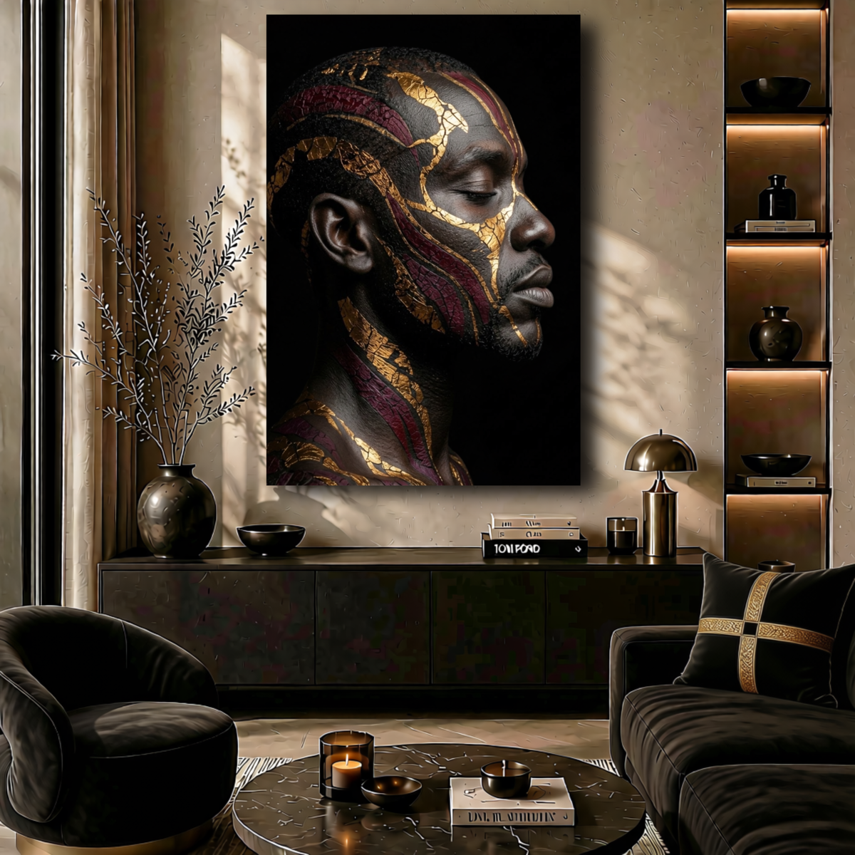 Black Man Wall Art – Serenity | Afrocentric Black, Gold & Burgundy Portrait Canvas Print