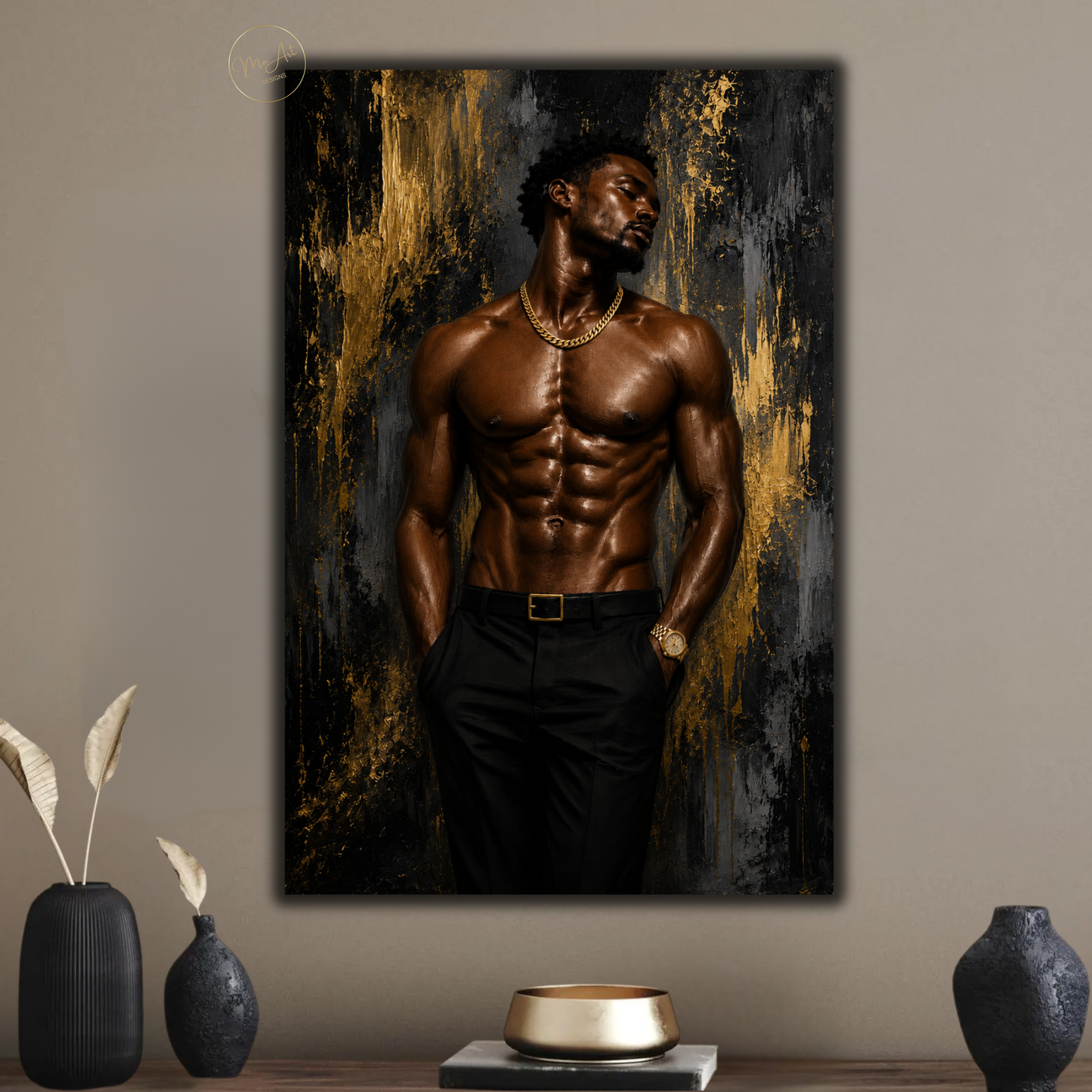 Black Man Wall Art – Sensual Black & Gold Abstract Canvas Print | Modern Masculine Decor