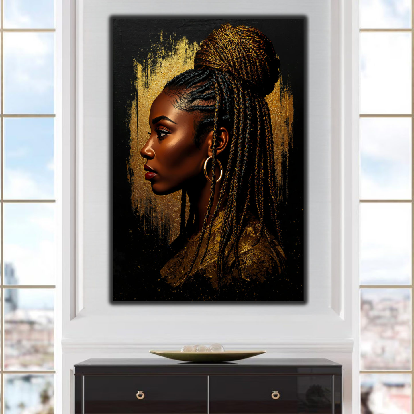 Black Woman Wall Art – Braided Afrocentric Queen in Black & Gold Canvas Print | Luxury African American Decor
