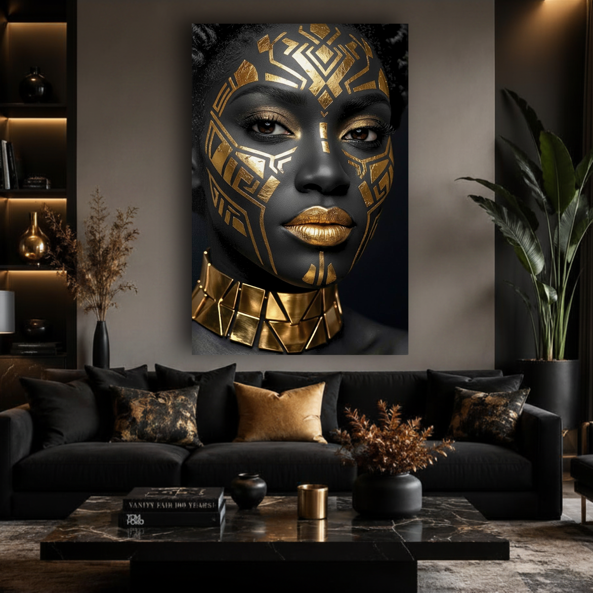 Black Woman Wall Art – Midnight Warrior | Luxury Black & Gold Afrocentric Canvas Print