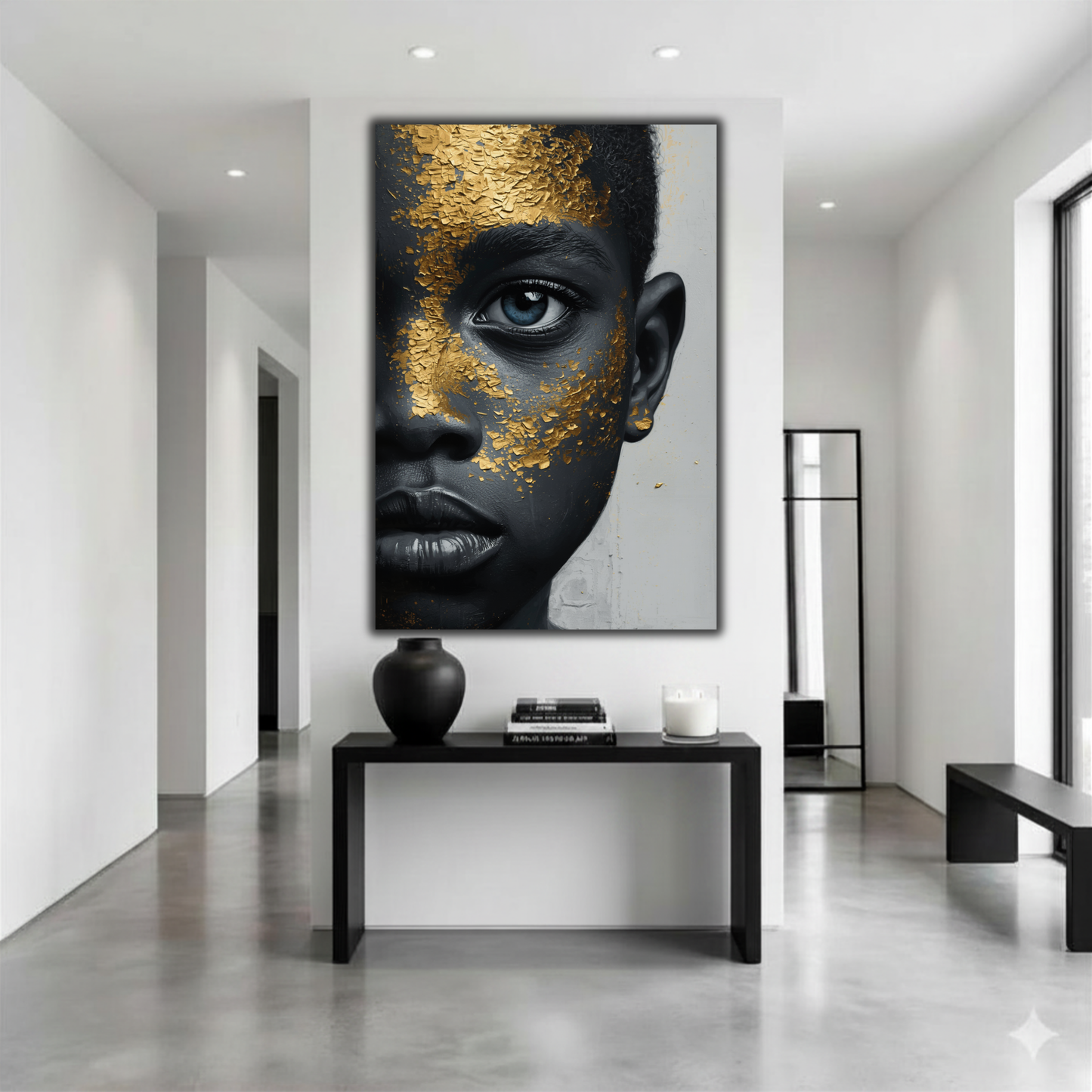 African American Wall Art – Black Boy with Blue Eyes Black & Gold Canvas Print | Luxury Afrocentric Decor