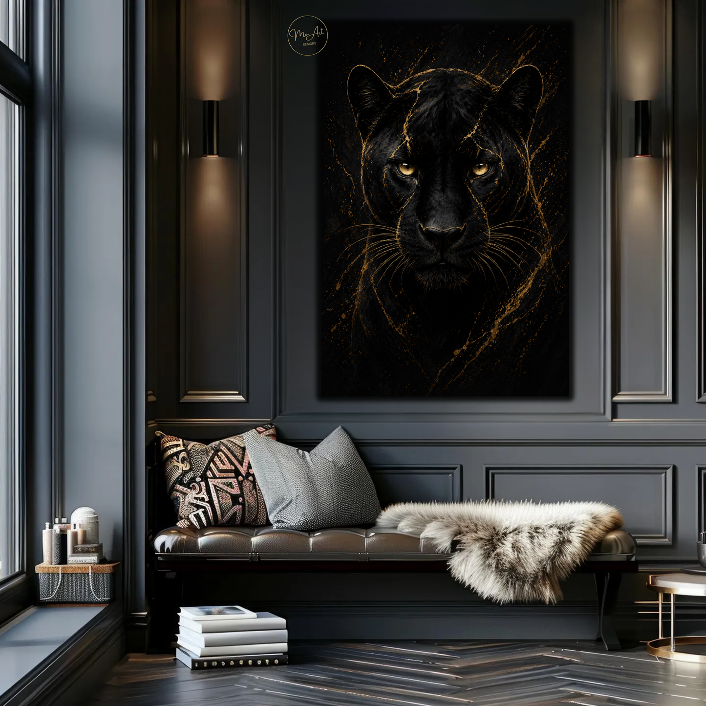 Black Panther Wall Art – Fierce Gold & Black Abstract Panther Canvas Print