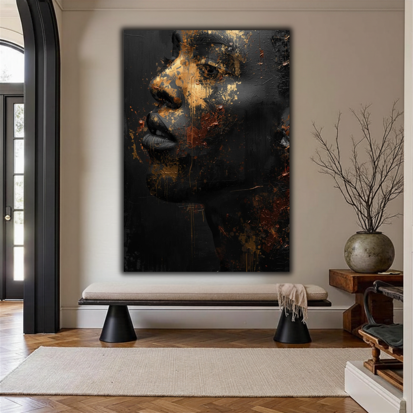 Black Man Wall Art – Black & Gold Abstract Masculine Canvas Print | Modern Luxury Afrocentric Decor