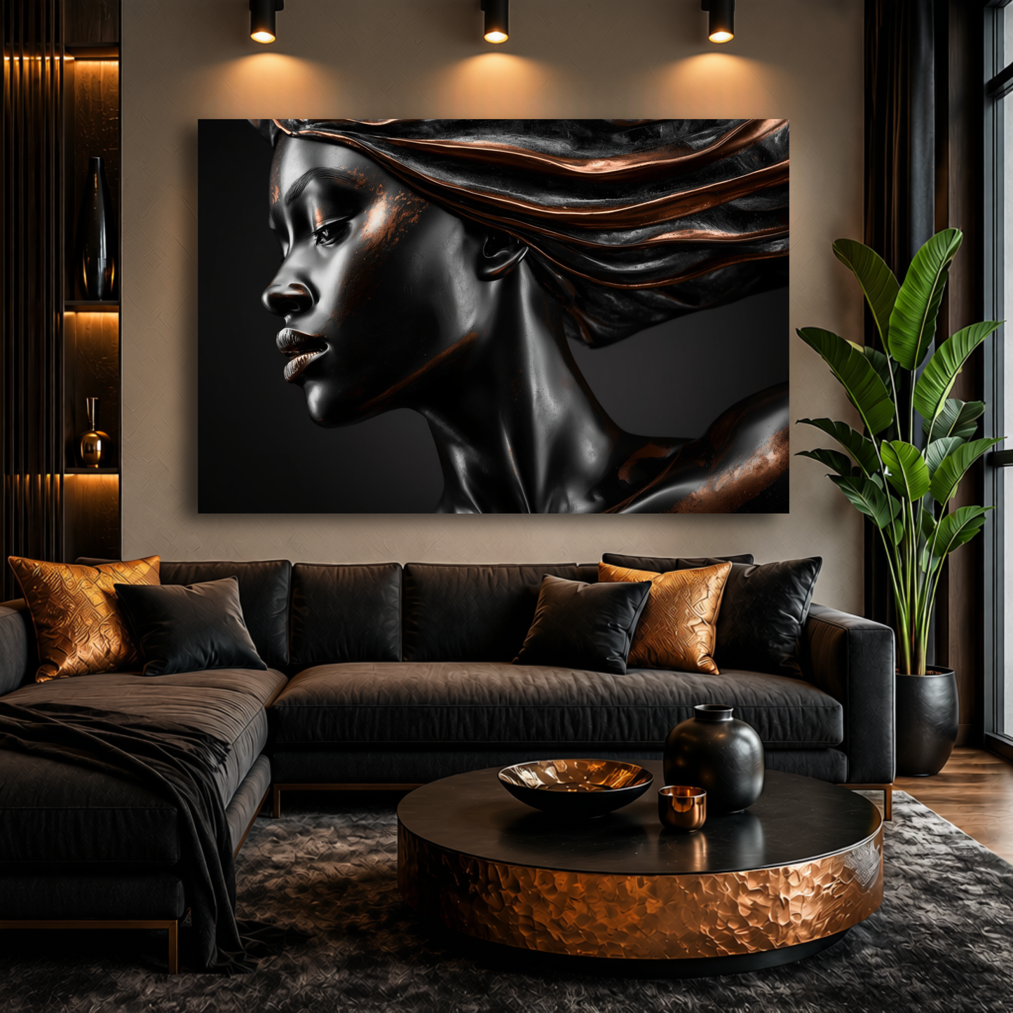 Black Woman Wall Art – Afrocentric Black & Copper Abstract Canvas Print | Modern Luxury Decor