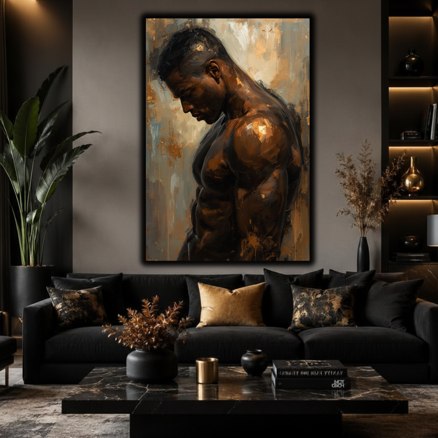 Black Man Wall Art – Sensual Afrocentric Canvas Print  | Modern Black & Gold Masculine Artwork