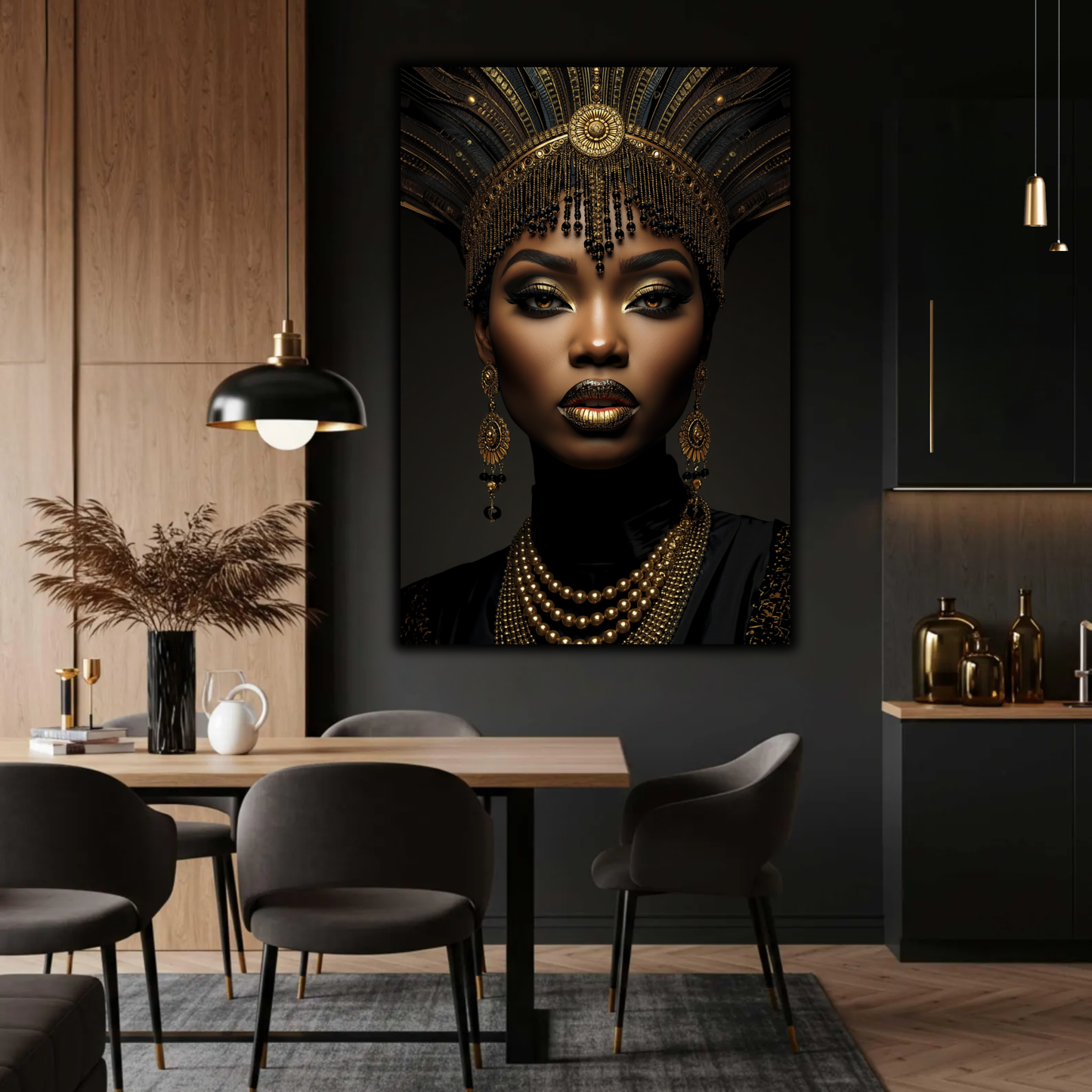 Black Woman Wall Art – African Queen Portrait Black & Gold Canvas Print | Afrocentric Luxury Wall Decor
