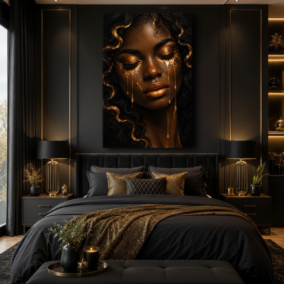 Black Woman Wall Art - Golden Tears Black & Gold Canvas Print | Afrocentric Home Decor