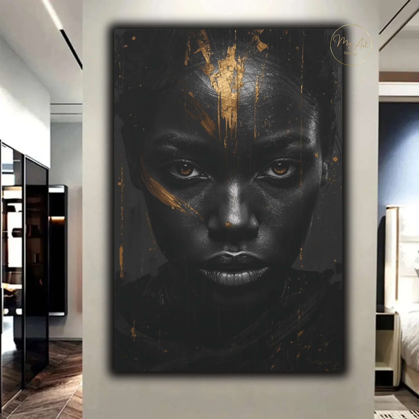 Black Woman Wall Art – Unbreakable Gaze | Black & Gold Statement Canvas Print