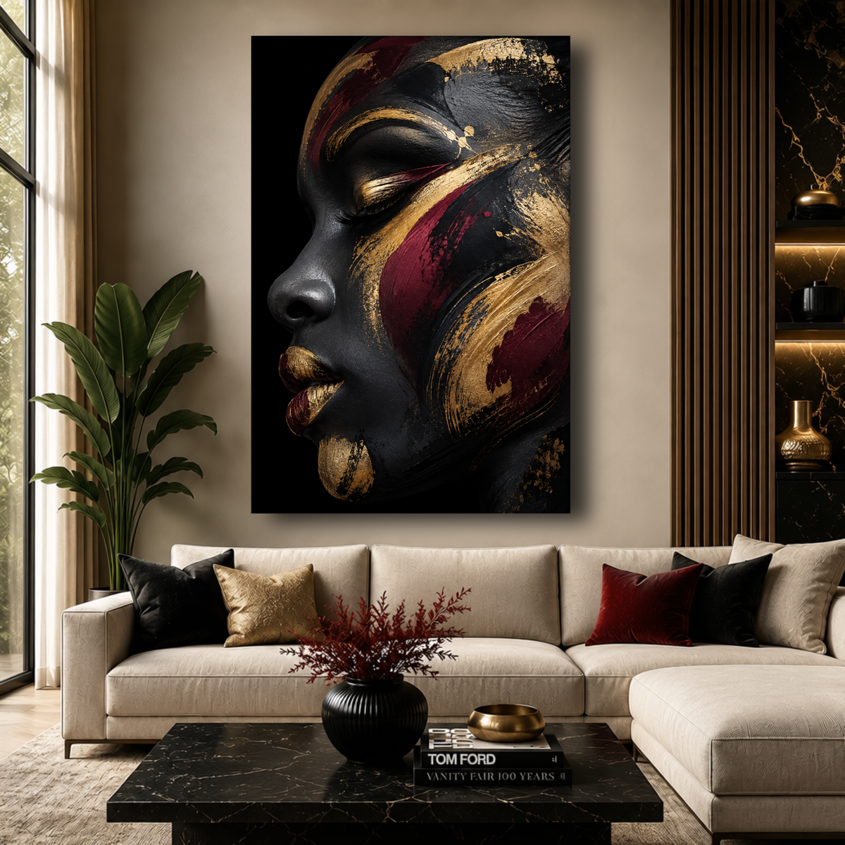 Black Woman Wall Art - Abstract Afrocentric Canvas Print | Black, Gold & Burgundy Home Decor