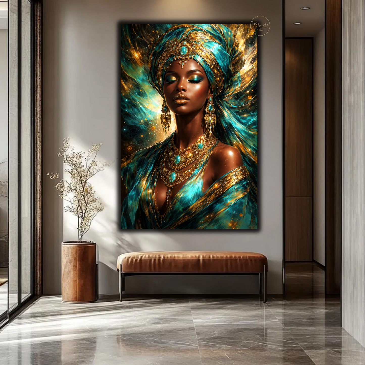 Black Woman Wall Art – Elegant Afrocentric Turquoise & Gold Abstract Canvas Print