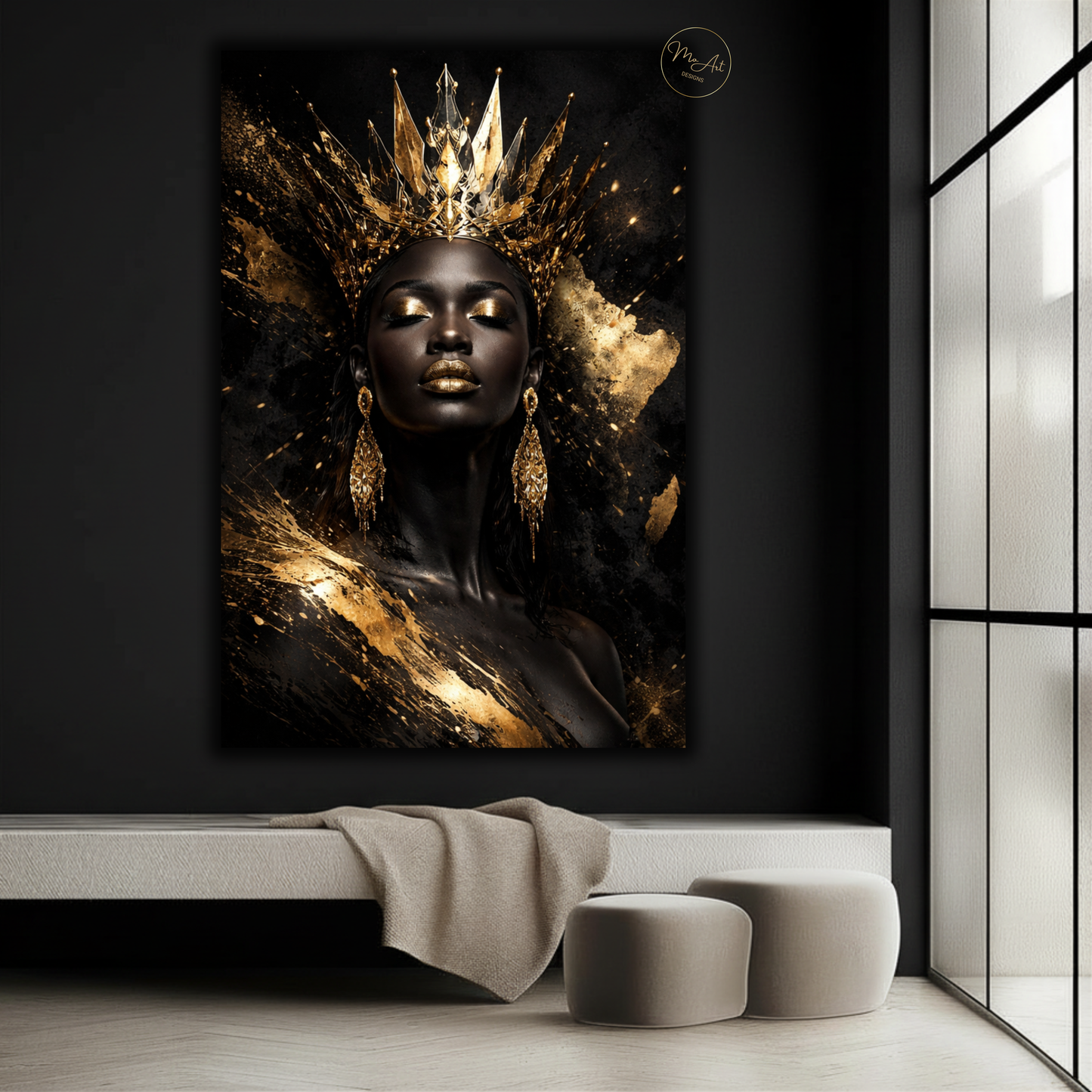 African Queen Black Woman Wall Art – Gold Crown Afrocentric Canvas Print