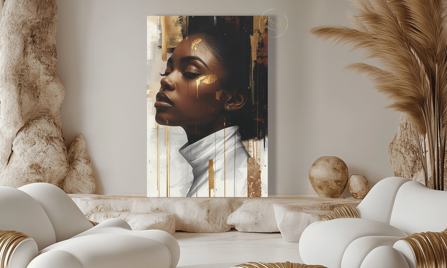 Abstract Black Woman Wall Art – White & Gold Elegance / Canvas Print
