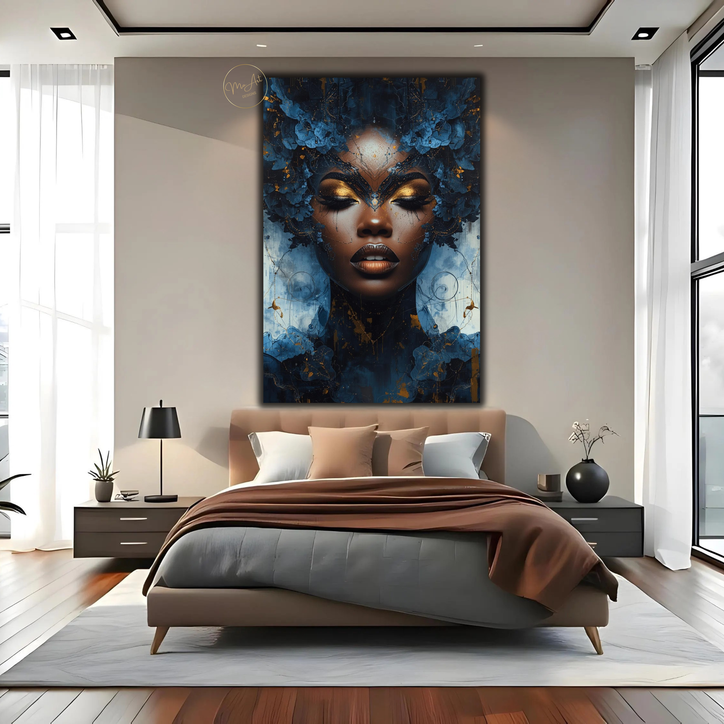 Afrocentric Black Woman Wall Art – Blue and Gold Abstract Canvas Print