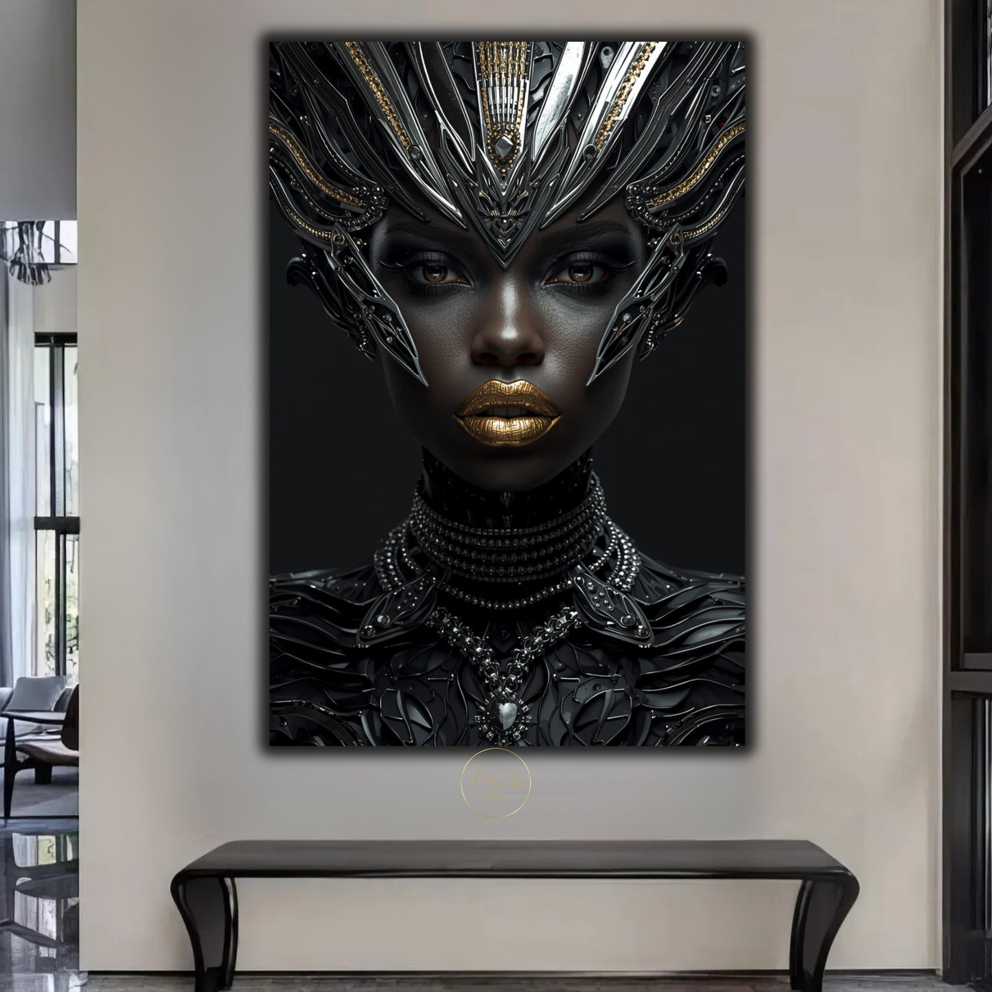 Black Woman Wall Art – Futuristic Afrocentric Warrior Queen / Black & Gold Canvas Print