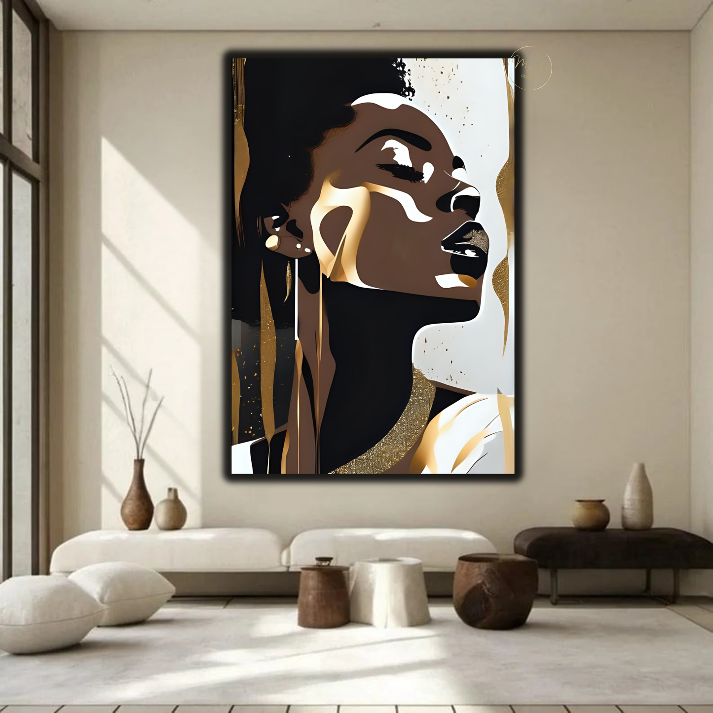 Black Woman Wall Art – Elegant Afrocentric Gold & Neutral Abstract Portrait Canvas Print