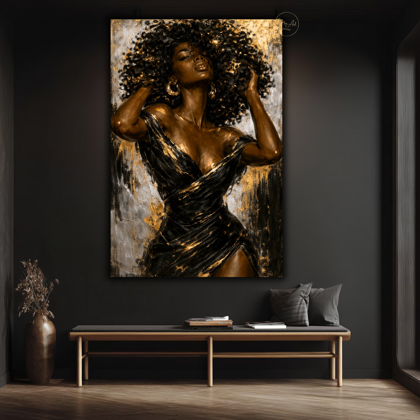 Black Woman Wall Art – Sensual Afrocentric Black, Gold & Silver Abstract Canvas Print