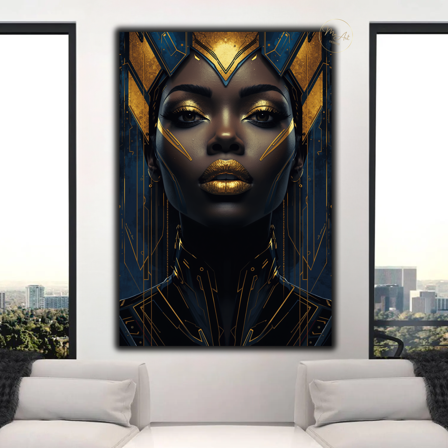 Black Woman Wall Art – Blue & Gold Afrocentric Queen Canvas Print