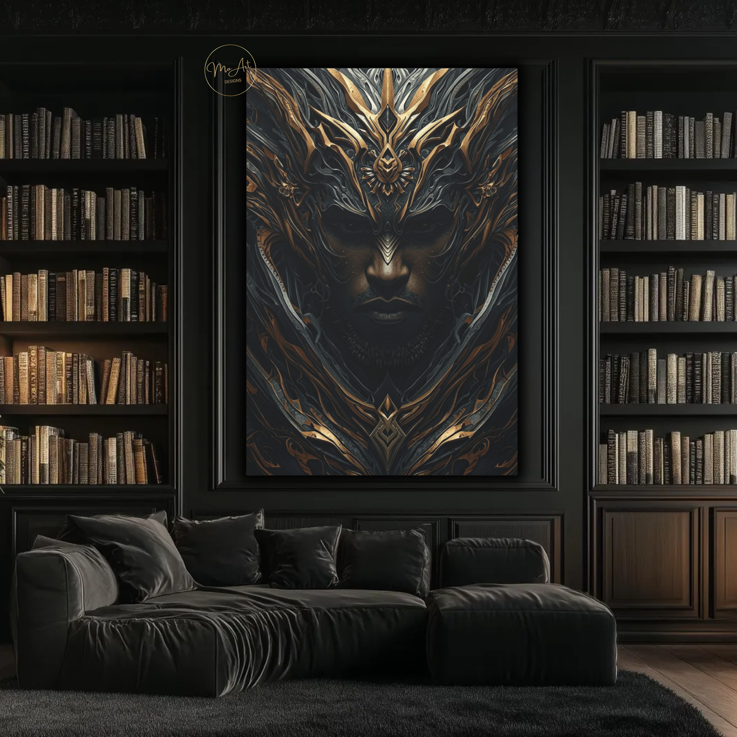 Black Warrior Abstract Art – Divine Sentinel | Black & Gold Afrocentric Wall Art / Canvas Print