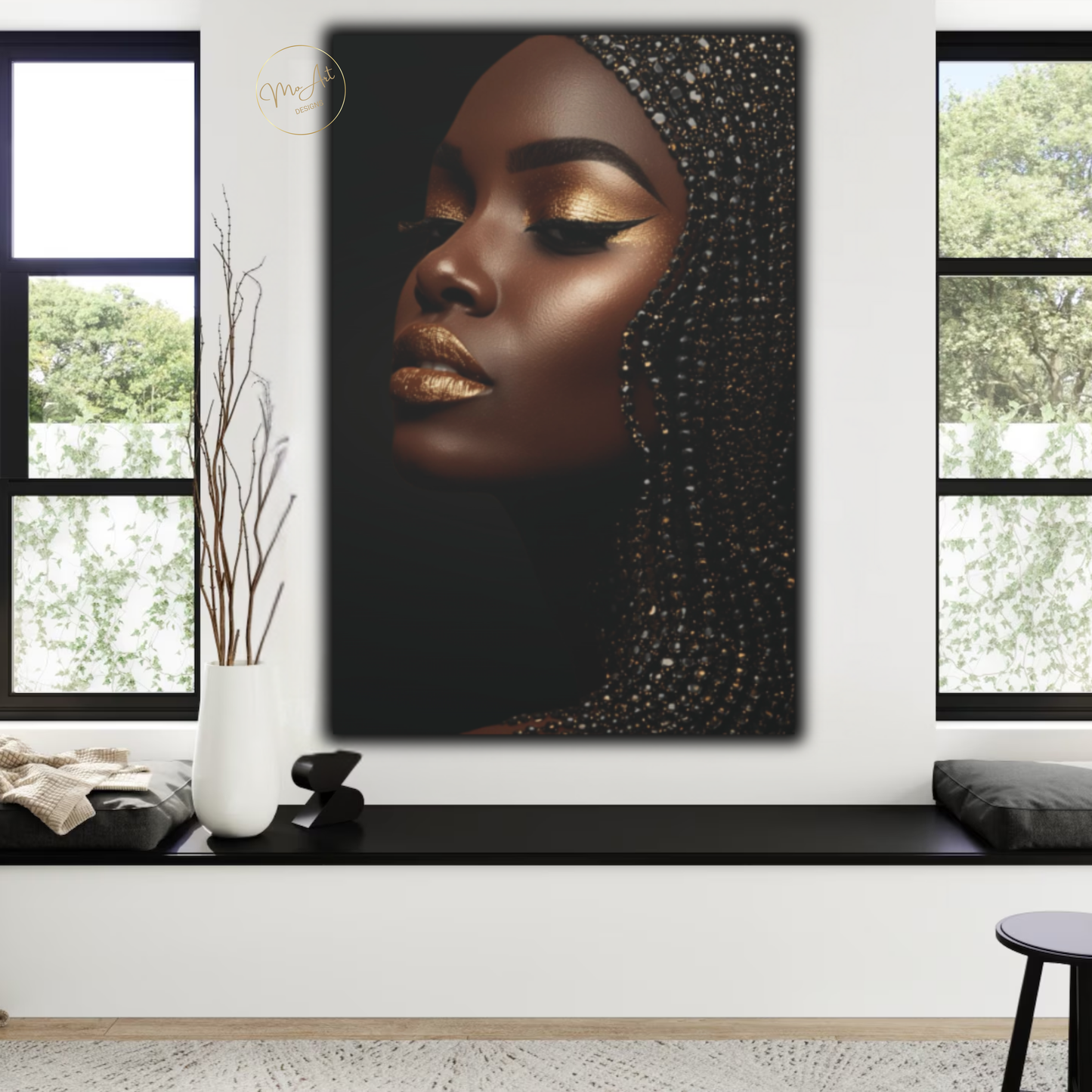 Black Woman Wall Art – Golden Radiance | Black & Gold Afrocentric Luxury Canvas Print