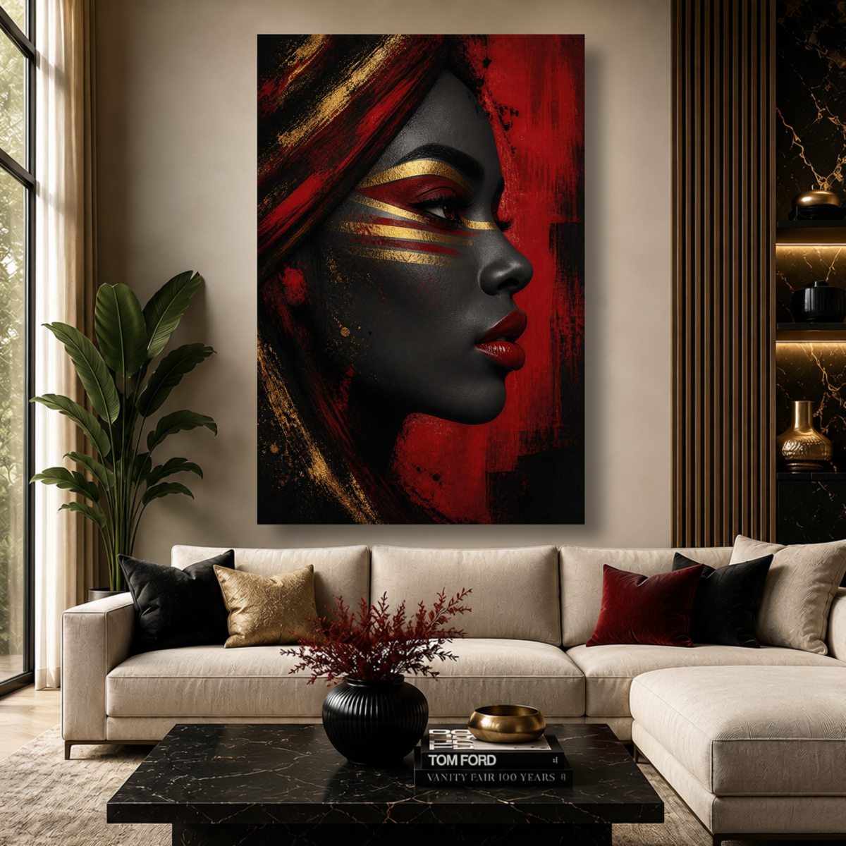 Black Woman Wall Art – Afrocentric Red, Black & Gold Portrait Canvas Print | Luxury Home Decor
