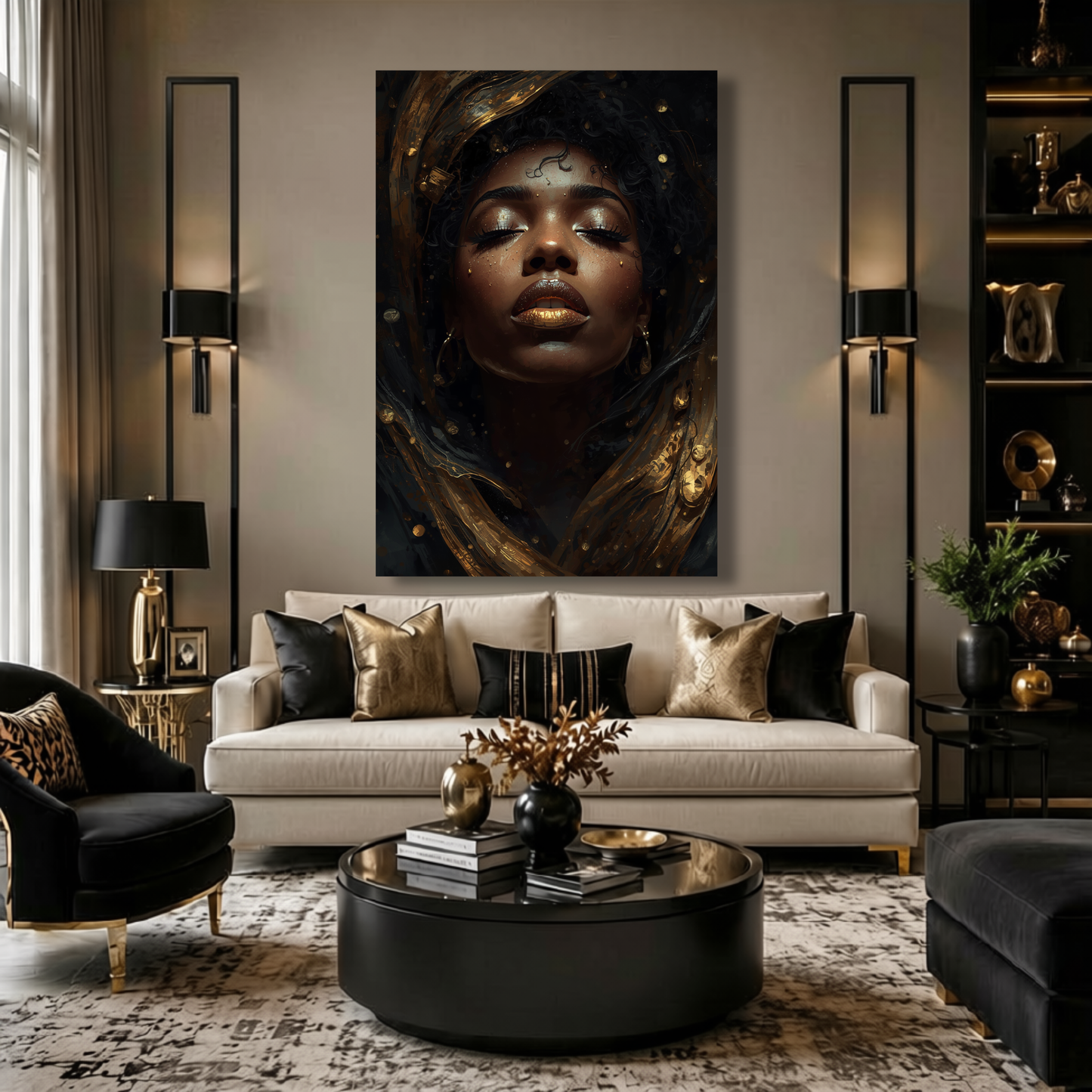 Black Woman Wall Art - Black & Gold Afrocentric Abstract Canvas Print