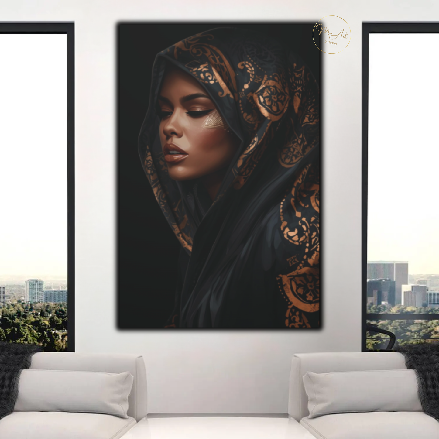 Black Woman Wall Art – Veiled Elegance | Black & Gold Luxury Afrocentric Canvas Print