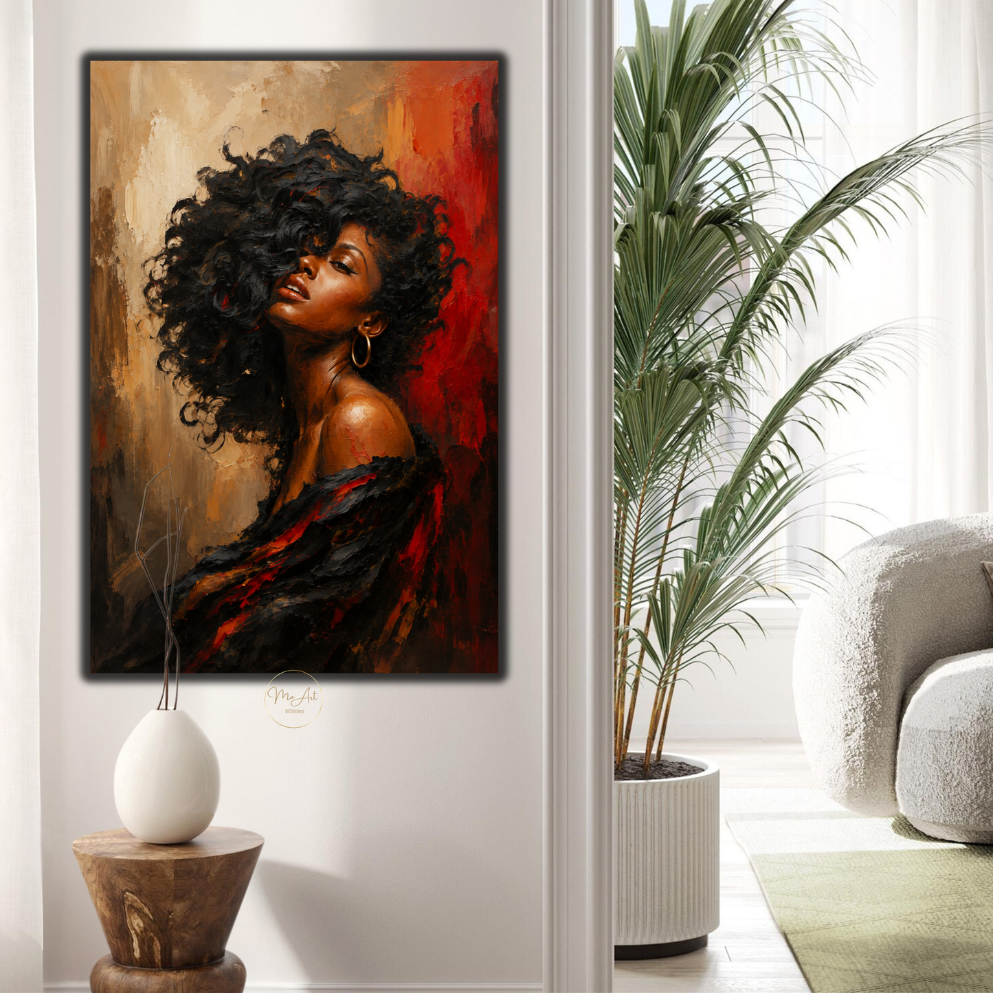 Black Woman Wall Art – Sensual Afrocentric Black, Gold & Red Canvas Print | Luxury Abstract Portrait