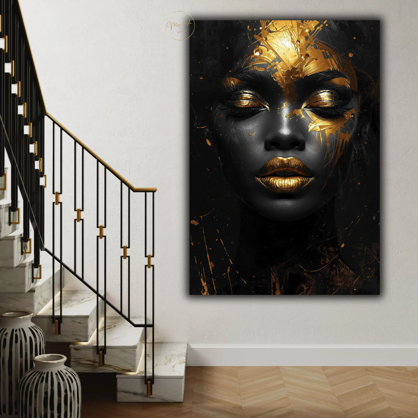 Black Woman Wall Art – Afrocentric Black & Gold Abstract Portrait Canvas Print