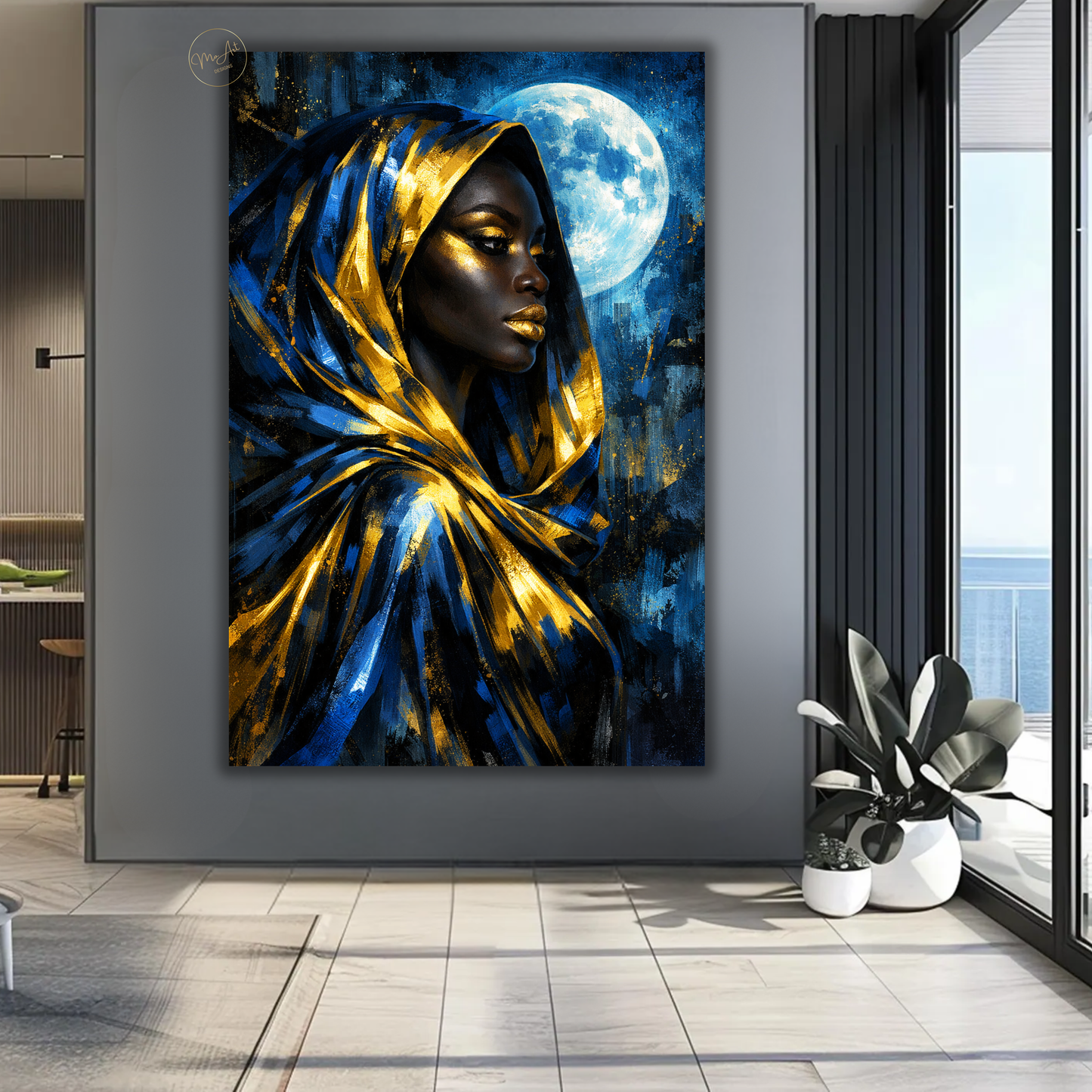 Black Woman Wall Art – Blue & Gold Afrocentric Moon Goddess Canvas Print