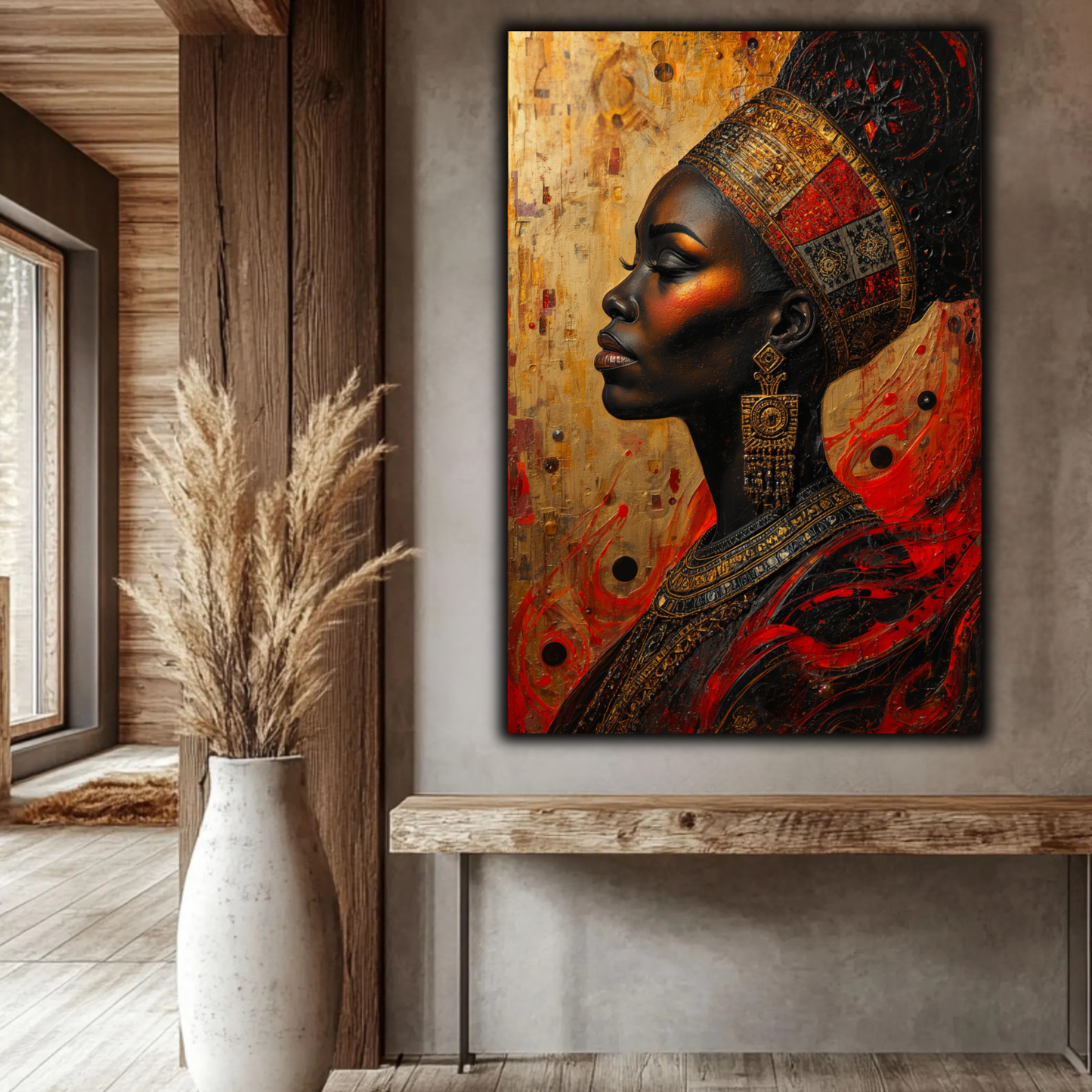 Black Woman Wall Art – Abstract African Queen Canvas Print |  Afrocentric Gold, Red & Black Decor