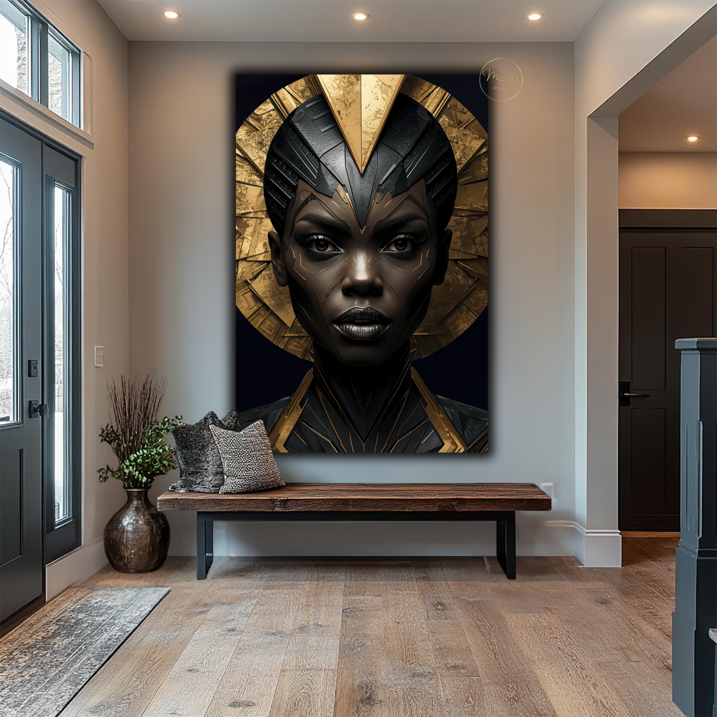 Black Woman Wall Art – Bold African Warrior Goddess | Premium Black & Gold Canvas Print