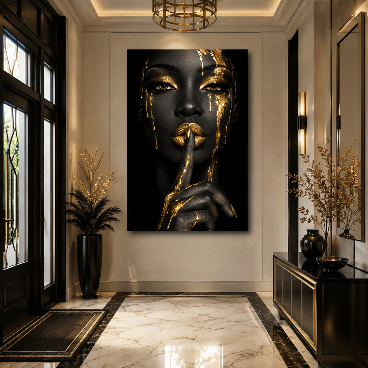 Black Woman Wall Art – Golden Whisper | Afrocentric Black & Gold Luxury Canvas Print