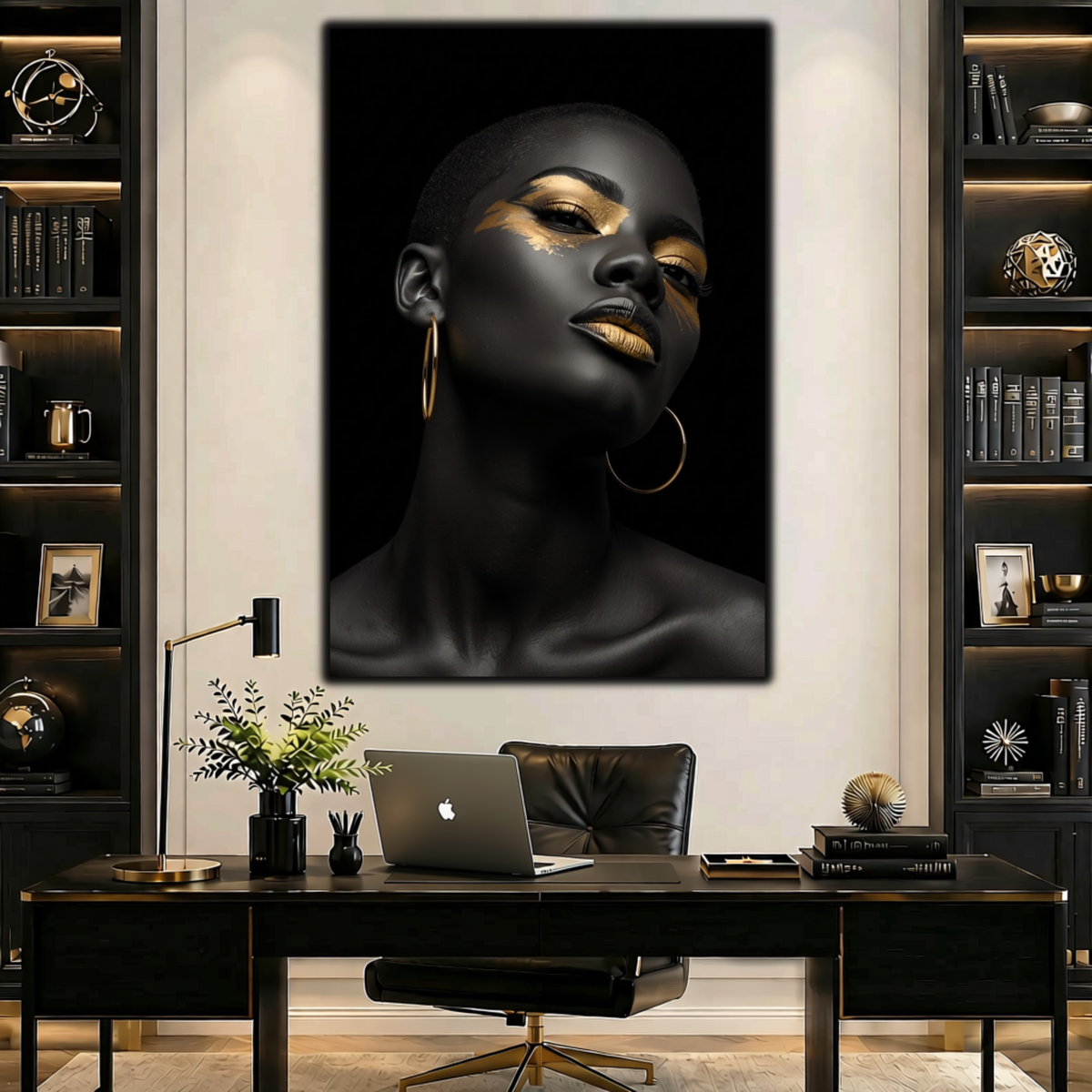 Black Woman Wall Art – Short Hair Queen | Black & Gold Afrocentric Canvas Print