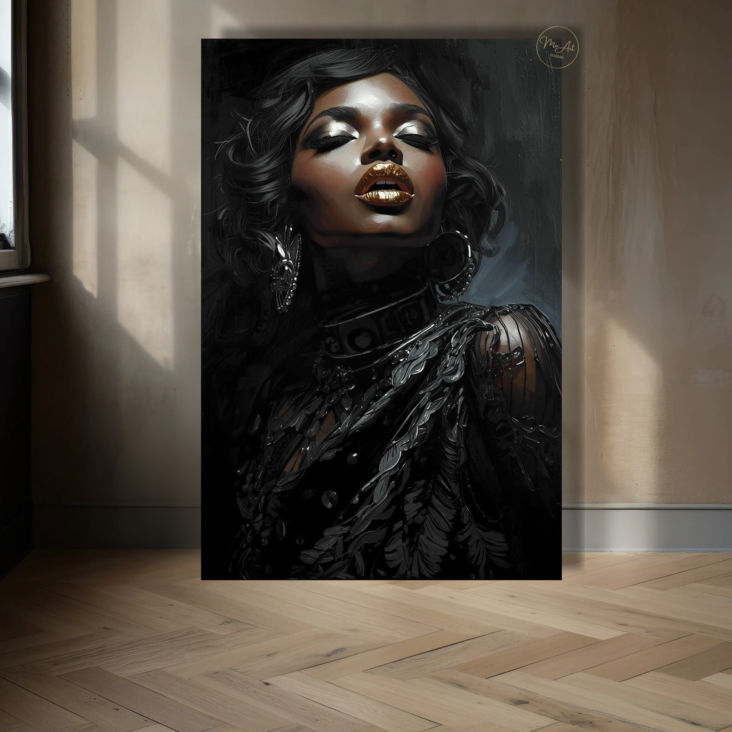 Black Woman Wall Art with Gold Lips – Elegant Afrocentric Canvas Print for Luxury Decor