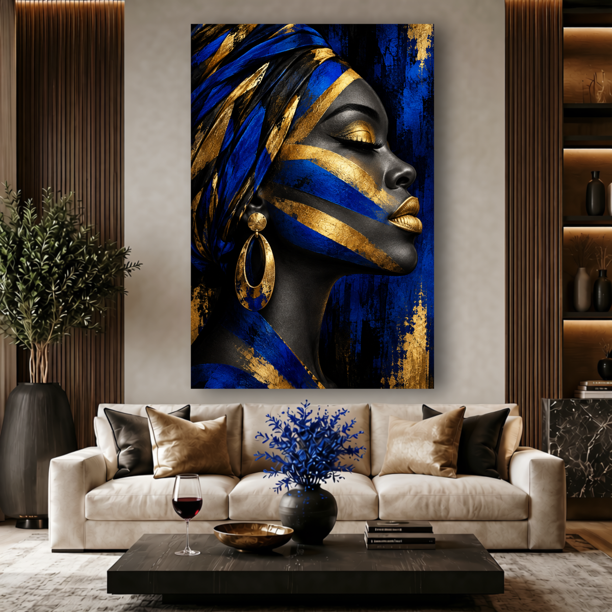 Black Woman Wall Art - Afrocentric Blue, Black & Gold Canvas Print | Luxury Home Decor